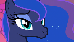 Size: 1280x720 | Tagged: safe, screencap, princess luna, alicorn, pony, a royal problem, g4, canterlot castle, close-up, duckface, female, lidded eyes, mare, solo, stained glass
