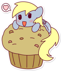 Size: 1713x2000 | Tagged: safe, artist:doctor-g, derpy hooves, pegasus, pony, g4, chibi, female, food, giant muffin, heart, muffin, simple background, smiling, solo, transparent background