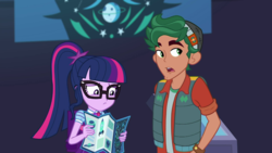 Size: 1280x720 | Tagged: safe, screencap, sci-twi, timber spruce, twilight sparkle, equestria girls, g4, my little pony equestria girls: better together, star crossed, clothes, female, geode of telekinesis, glasses, hat, magical geodes, male, map, ponytail, vest