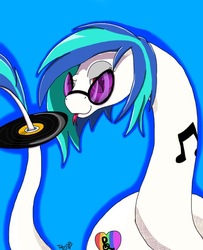 Size: 768x945 | Tagged: safe, artist:mixdaponies, dj pon-3, vinyl scratch, original species, snake, g4, :3, :p, alternative cutie mark placement, blue background, cute, female, implied lesbian, implied scratchtavia, implied shipping, lidded eyes, looking at you, prehensile tail, silly, simple background, slit pupils, smiling, smirk, snek, solo, species swap, sunglasses, tail hold, tongue out, vinyl, vinylbetes