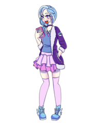 Size: 2550x3300 | Tagged: safe, artist:sammikuma, silverstream, human, g4, boots, clothes, ear piercing, earring, female, hand in pocket, high res, humanized, jewelry, necklace, open mouth, phone, piercing, purple eyes, shoes, simple background, skirt, socks, solo, thigh highs, transparent background, white background, zettai ryouiki