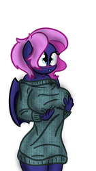 Size: 640x1136 | Tagged: safe, artist:binary6, oc, oc only, oc:spiral galaxies, bat pony, anthro, breast grab, breasts, clothes, commission, female, grope, solo, ych result