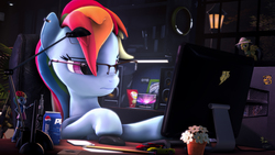 Size: 3840x2160 | Tagged: safe, artist:calveen, daring do, rainbow dash, pegasus, pony, equestria girls, g4, 3d, alternate hairstyle, car, cellphone, chair, computer, computer mouse, desk, ear piercing, earring, female, figure, flower, glasses, high res, iphone, jewelry, keyboard, lamp, laptop computer, lays, macbook, nerf, paper, pen, pencil, pepsi, phone, piercing, plant, ring, room, shelf, signature, smartphone, soda, source filmmaker, speaker, tablet, toy, tree, unamused, vape, wallpaper, window