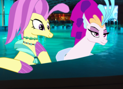 Size: 2986x2161 | Tagged: safe, artist:oceanrailroader, ocean flow, queen novo, pony, seapony (g4), g4, my little pony: the movie, surf and/or turf, female, high res, irl, photo, ponies in real life, sisters, swimming pool