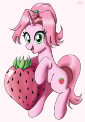 Size: 800x1150 | Tagged: safe, artist:tastyrainbow, food pony, pony, unicorn, big eyes, cute, food, ponified, solo, strawberry