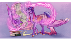 Size: 1759x965 | Tagged: safe, artist:cigarscigarettes, twilight sparkle, alicorn, pony, g4, book, cloven hooves, female, large wings, magic, mare, scroll, simple background, solo, twilight sparkle (alicorn), unshorn fetlocks, wings