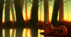 Size: 3000x1557 | Tagged: safe, artist:klooda, fluttershy, pegasus, pony, g4, branches, detailed background, digital art, female, forest, grass, lake, lying, lying in grass, mare, morning, prone, realistic, realistic background, reflection, scenery, solo, spring, sunlight, sunrise, tree, water