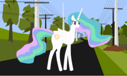 Size: 3390x2030 | Tagged: safe, artist:oceanrailroader, princess celestia, pony, g4, female, high res, missing accessory, power line, road, solo, tree