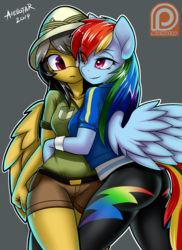 Size: 619x850 | Tagged: safe, artist:iloota, daring do, rainbow dash, pegasus, anthro, equestria girls series, ass, beautiful, beautisexy, bedroom eyes, breasts, busty daring do, busty rainbow dash, butt, clothes, daringdash, denim shorts, equestria girls outfit, female, gray background, hat, hug, jacket, leggings, lesbian, lidded eyes, mare, pants, patreon, patreon logo, patreon reward, pink eyes, pith helmet, sexy, shipping, shirt, shorts, signature, simple background, smiling, surprised, t-shirt, thighs, wings, wristband