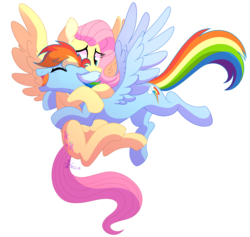 Size: 3170x3008 | Tagged: safe, artist:yaco, fluttershy, rainbow dash, pony, g4, eyes closed, female, high res, hug, lesbian, mare, open mouth, ship:flutterdash, shipping, simple background, transparent background
