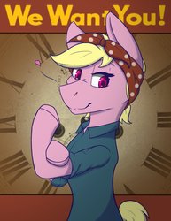 Size: 928x1200 | Tagged: safe, artist:lula-moonarts, oc, oc only, pony, advertisement, bandana, bipedal, convention, looking at you, rosie the riveter, solo