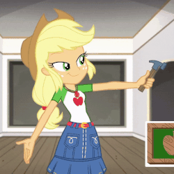 Size: 800x800 | Tagged: safe, screencap, applejack, diy with applejack, equestria girls, equestria girls series, g4, spoiler:eqg series (season 2), animated, breasts, clothes, cropped, female, geode of super strength, gif, hammer, hat, indoors, magical geodes, solo