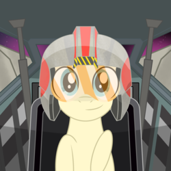 Size: 2500x2500 | Tagged: safe, alternate version, artist:pizzamovies, oc, oc only, oc:pizzamovies, pony, blue eyes, button, high res, looking at you, male, smiling, solo, space, spaceship, stallion, star wars, starfighter, stars, x-wing
