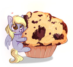 Size: 2718x2502 | Tagged: safe, artist:pesty_skillengton, derpy hooves, pegasus, pony, g4, blushing, chest fluff, chibi, chocolate, cute, derpabetes, female, food, giant muffin, heart, high res, hug, muffin, simple background, solo, tongue out, white background
