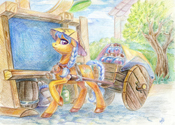 Size: 1500x1076 | Tagged: safe, artist:kirillk, artist:maytee, oc, oc only, oc:veoria, earth pony, pony, asian conical hat, braid, braided ponytail, braided tail, cart, collaboration, colored pencil drawing, dofus, hat, looking at you, ponified, ponified oc, raised hoof, rickshaw, solo, traditional art
