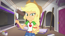 Size: 1920x1080 | Tagged: safe, screencap, applejack, diy with applejack, equestria girls, g4, my little pony equestria girls: better together, female, geode of super strength, hat, magical geodes, paint roller, solo