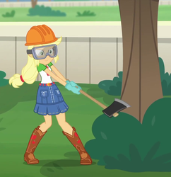 Size: 914x945 | Tagged: safe, screencap, applejack, diy with applejack, equestria girls, g4, my little pony equestria girls: better together, axe, boots, clothes, cowboy boots, female, gloves, goggles, helmet, tree, weapon