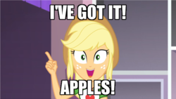 Size: 600x338 | Tagged: safe, screencap, applejack, diy with applejack, equestria girls, g4, my little pony equestria girls: better together, apple, applehorse, caption, female, geode of super strength, hat, image macro, magical geodes, solo, text, that pony sure does love apples