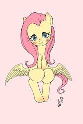 Size: 1200x1800 | Tagged: safe, artist:yanamosuda, fluttershy, pegasus, pony, g4, blushing, cute, female, looking at you, mare, shyabetes, simple background, smiling, solo