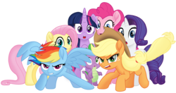 Size: 6224x3274 | Tagged: safe, artist:ejlightning007arts, applejack, fluttershy, pinkie pie, rainbow dash, rarity, spike, twilight sparkle, alicorn, earth pony, pegasus, pony, unicorn, g4, my little pony: the movie, absurd resolution, cowboy hat, freckles, gasping, hat, mane seven, mane six, open mouth, protecting, simple background, stetson, transparent background, twilight sparkle (alicorn), vector