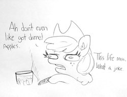 Size: 1694x1294 | Tagged: safe, artist:tjpones, applejack, earth pony, pony, applejack's hat, black and white, cigar, cowboy hat, dialogue, ear fluff, female, fruit heresy, grayscale, hat, heresy, hoof hold, lineart, mare, monochrome, simple background, smoking, solo, traditional art, white background
