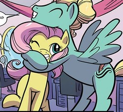 Size: 389x354 | Tagged: safe, artist:kate sherron, idw, official comic, fluttershy, zephyr breeze, pegasus, pony, g4, spoiler:comic, spoiler:comic74, brother and sister, comic, cropped, cute, cutie mark, female, grin, hug, male, one eye closed, smiling, wings