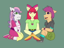 Size: 2400x1800 | Tagged: safe, artist:mintymelody, apple bloom, scootaloo, sweetie belle, anthro, g4, clothes, cutie mark, cutie mark crusaders, equestria girls outfit
