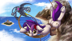 Size: 1024x576 | Tagged: safe, artist:calena, gabby, oc, griffon, pony, unicorn, g4, adventure, canon x oc, cutie mark, flying, hanging, island, mountain, rope, saddle bag, underhoof