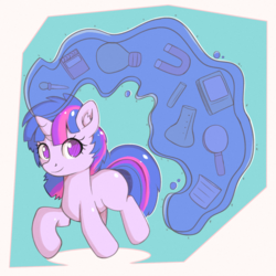 Size: 1400x1400 | Tagged: safe, artist:anonbelle, twilight sparkle, pony, g4, beaker, bulb, female, items, looking glass, magic, magnet, notebook, redesign, smiling, solo, test tube