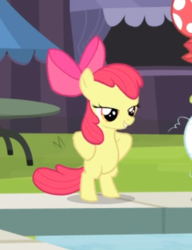 Size: 418x544 | Tagged: safe, screencap, apple bloom, earth pony, pony, g4, leap of faith, adorabloom, bipedal, cropped, cute, female, filly, foal, hooves on hips, human pose, lidded eyes, solo focus, squatting