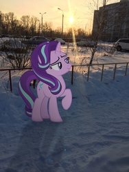 Size: 1620x2160 | Tagged: safe, artist:albertuha, starlight glimmer, pony, unicorn, g4, female, frown, irl, mare, photo, ponies in real life, smiling, snow, solo, winter