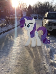 Size: 1620x2160 | Tagged: safe, artist:albertuha, rarity, pony, unicorn, g4, car, female, irl, mare, photo, ponies in real life, russia, smiling, snow, solo, winter