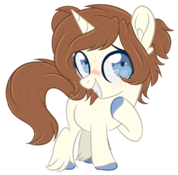 Size: 600x592 | Tagged: dead source, safe, artist:sinamuna, oc, oc only, oc:bluebelle, pony, unicorn, au:equuis, base used, blue eyes, blushing, colored hooves, female, filly, freckles, horn, mare, parent:reese dream, parent:sugar glaze, parents:sugareese, pigtails, redesign, smiling, solo, updated design