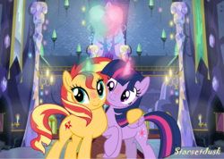 Size: 3360x2396 | Tagged: dead source, safe, artist:starsetdusk15, sunset shimmer, twilight sparkle, alicorn, pony, unicorn, g4, blushing, cuddling, cute, female, heart, high res, lesbian, magic, mare, raised hoof, shimmerbetes, ship:sunsetsparkle, shipping, twiabetes, twilight sparkle (alicorn)