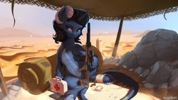 Size: 1920x1080 | Tagged: safe, artist:discordthege, oc, oc only, oc:zephyr tone, pony, commission, desert, first aid kit, gun, male, rifle, rock, sand, solo, tower, unshorn fetlocks, weapon