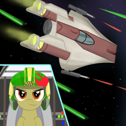 Size: 2500x2500 | Tagged: safe, artist:pizzamovies, derpibooru exclusive, oc, oc only, oc:twister breeze, pony, a-wing, brown eyes, cockpit, helmet, high res, laser, male, rebellion, solo, space, spaceship, star wars, starfighter