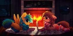 Size: 2828x1414 | Tagged: safe, artist:mirtash, oc, oc only, oc:fun fact, oc:jade melody, earth pony, pegasus, pony, rcf community, blushing, book, clothes, commission, duo, female, fireplace, floppy ears, heart, heart eyes, looking at each other, mare, notebook, smiling, socks, striped socks, tree, window, wingding eyes