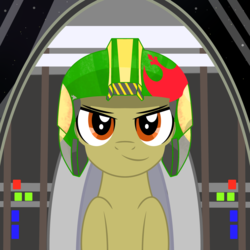 Size: 2500x2500 | Tagged: safe, artist:pizzamovies, derpibooru exclusive, oc, oc only, oc:twister breeze, pony, brown eyes, cockpit, grin, helmet, high res, looking at you, male, pilot, rebellion, smiling, solo, space, space ship, stallion, star wars, stars