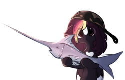 Size: 1010x649 | Tagged: safe, artist:php146, oc, oc only, oc:ayaka, pegasus, pony, alternate design, eye clipping through hair, female, mare, pan, simple background, solo, swordfish, white background