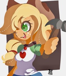 Size: 908x1044 | Tagged: safe, artist:tohupo, applejack, diy with applejack, equestria girls, equestria girls series, g4, spoiler:eqg series (season 2), applejack's hat, clothes, cowboy hat, cute, female, freckles, geode of super strength, hammer, hat, magical geodes, one eye closed, open mouth, scene interpretation, shirt, solo, that was fast, wink