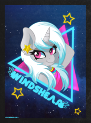 Size: 1200x1622 | Tagged: safe, artist:ciderpunk, oc, oc only, oc:windshear, pony, 80s, bust, ear piercing, earring, jewelry, looking at you, neon, piercing, solo, synthwave