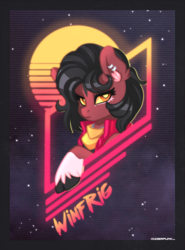 Size: 1200x1622 | Tagged: safe, artist:ciderpunk, oc, oc only, oc:winfrig, pony, 80s, bandana, bust, clothes, looking at you, neon, solo, synthwave, vest