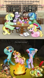 Size: 2670x4708 | Tagged: safe, artist:poseidonathenea, oc, oc only, earth pony, pegasus, pony, unicorn, armpits, bonfire, book, book club, bowtie, burger, chair, coffee shop, context is for the weak, cupcake, fire, food, glasses, hay burger, insanity, ketchup, mind control, mustard, nun, sauce, sharp teeth, sims 4, teeth, we don't normally wear clothes
