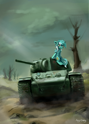 Size: 2470x3443 | Tagged: safe, artist:ami-gami, lyra heartstrings, pony, unicorn, g4, female, high res, kv-1, mare, smiling, tank (vehicle), world war ii