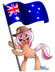 Size: 2222x2932 | Tagged: safe, artist:xwhitedreamsx, oc, oc only, earth pony, pony, australia, bipedal, female, flag, freckles, high res, mare, open mouth, simple background, smiling, solo, transparent background, underhoof