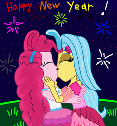 Size: 1500x1610 | Tagged: safe, artist:bigpurplemuppet99, pinkie pie, princess skystar, equestria girls, g4, my little pony equestria girls: better together, my little pony: the movie, equestria girls-ified, female, happy new year, holiday, kissing, lesbian, ship:skypie, shipping