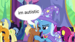 Size: 540x304 | Tagged: safe, artist:lulamxxn, edit, edited screencap, screencap, berry punch, berryshine, carrot top, cherry berry, golden harvest, goldengrape, meadow song, sir colton vines iii, trixie, earth pony, pony, unicorn, celestial advice, g4, autism, autism spectrum disorder, autistic trixie, cape, clothes, equestrian pink heart of courage, female, hat, headcanon, mare, misspelling, neurodivergent, neurodivergent headcanon, op is a duck, op is trying to start shit, op is trying too hard, solo focus, underhoof