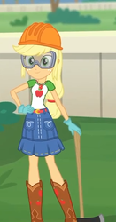 Size: 305x580 | Tagged: safe, screencap, applejack, diy with applejack, equestria girls, g4, my little pony equestria girls: better together, axe, belt, boots, clothes, cowboy boots, denim skirt, female, freckles, geode of super strength, gloves, goggles, hand on hip, hard hat, helmet, legs, magical geodes, skirt, smiling, weapon