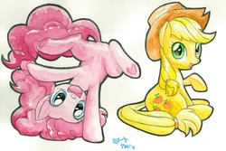 Size: 3000x2000 | Tagged: safe, artist:michiito, applejack, pinkie pie, earth pony, pony, g4, cute, diapinkes, duo, high res, jackabetes, pixiv, playful, traditional art, underhoof