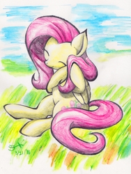 Size: 2371x3161 | Tagged: safe, artist:michiito, fluttershy, pegasus, pony, g4, eyes closed, female, high res, pixiv, solo, traditional art